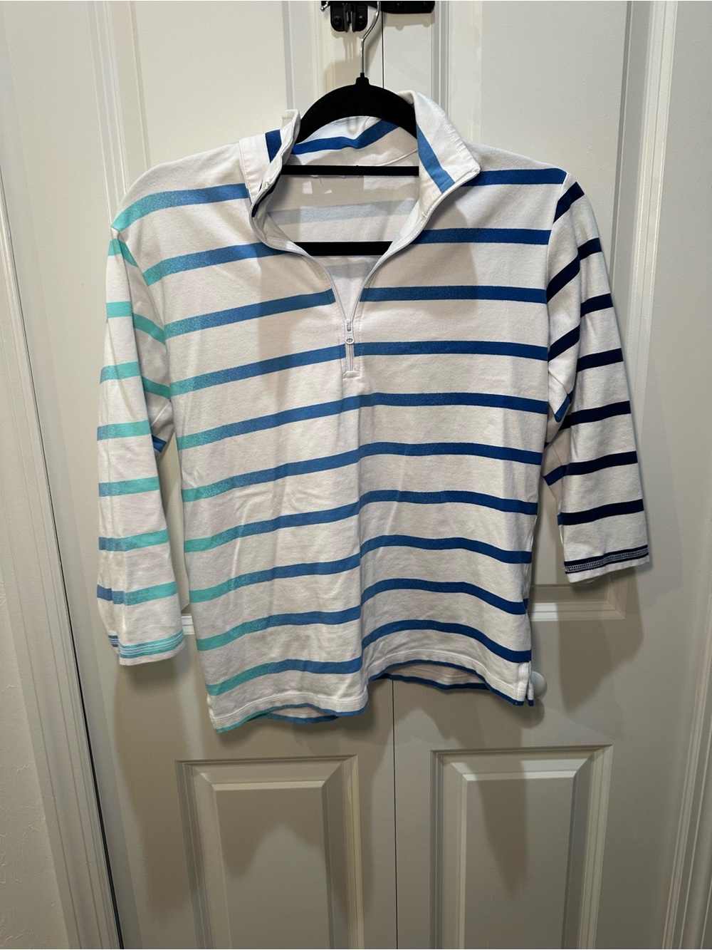 Talbots White Long-Sleeve Quarter-Zip Top with Blue & Teal Stripes
